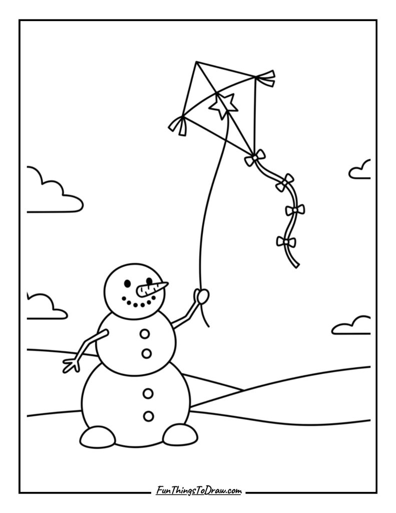  Snowman with a kite flying high in the sky