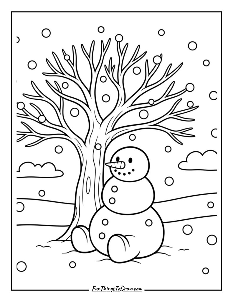 Snowman sitting under a tree with falling snow