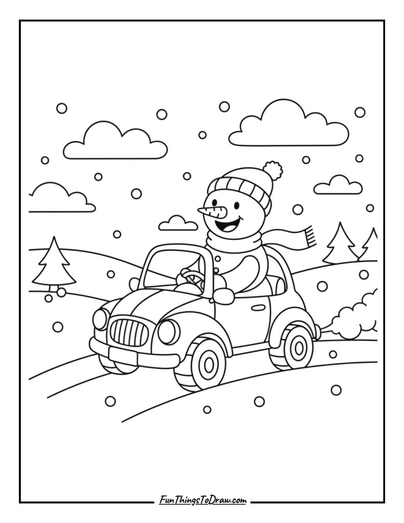 Snowman driving a little winter car