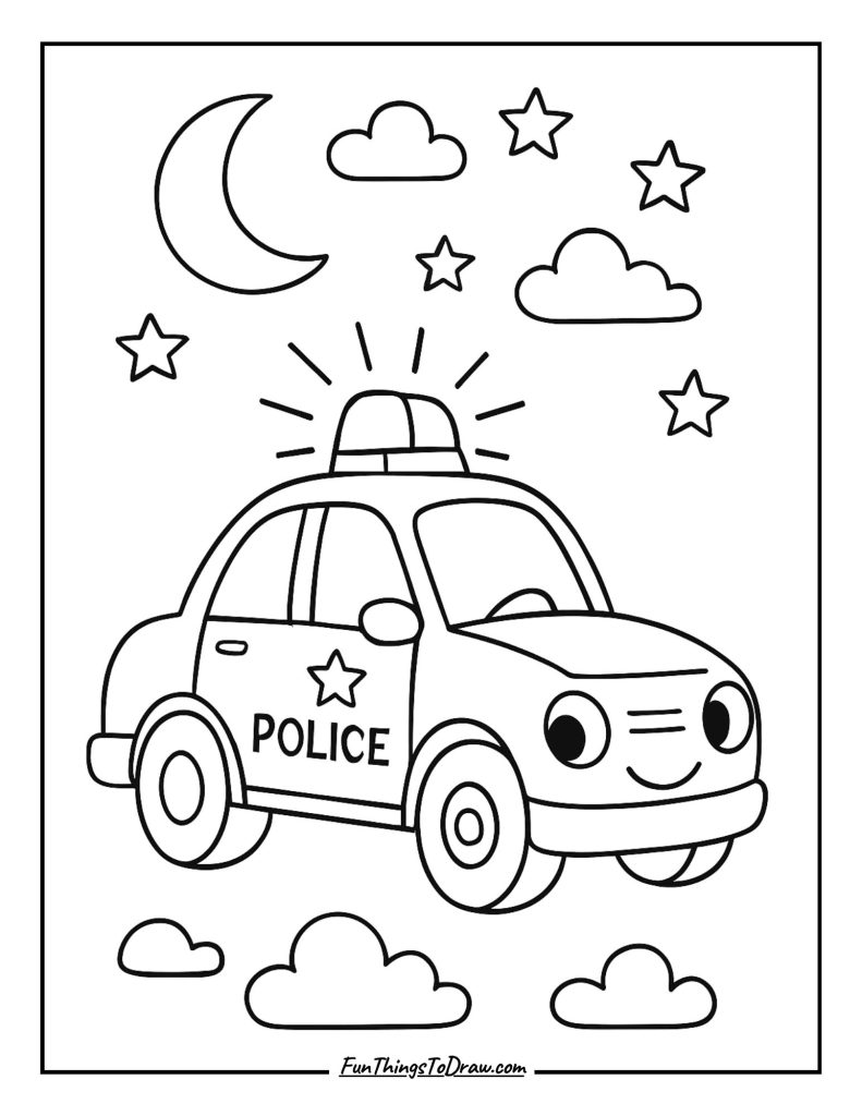 Police Car with Siren Beams in Night Sky