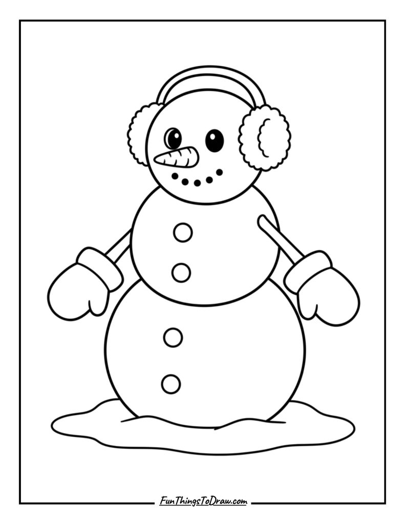 Snowman wearing earmuffs and mittens