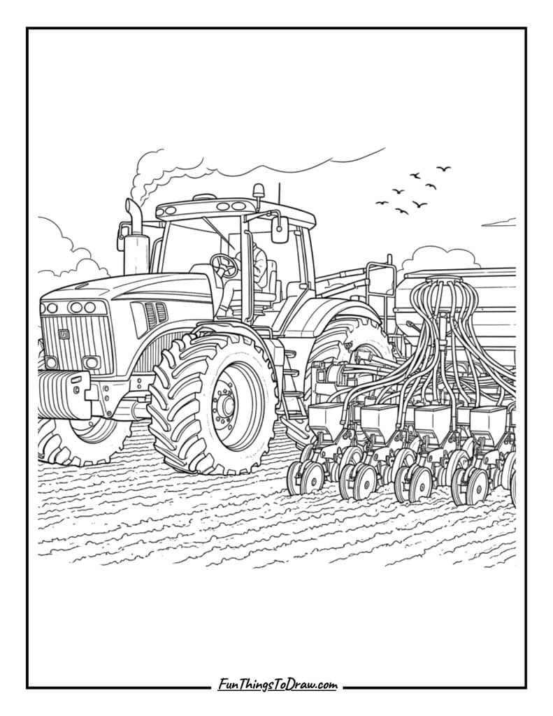 Tractor pulling no-till drill planter
