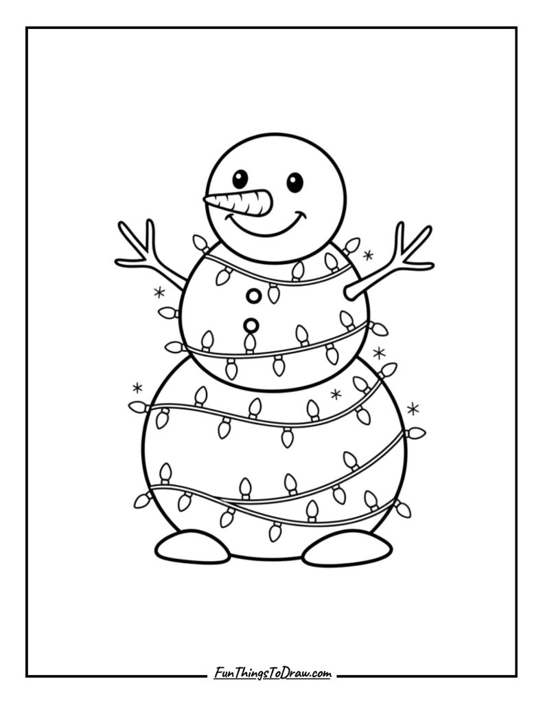 Snowman with twinkling Christmas lights wrapped around