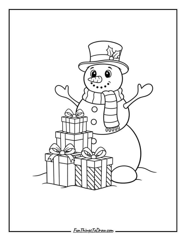 Snowman with gift boxes stacked at its feet