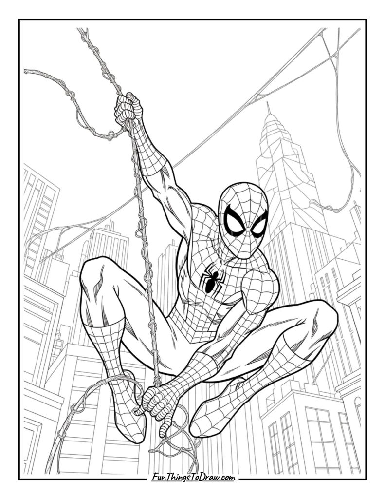 Spider Man swinging on web