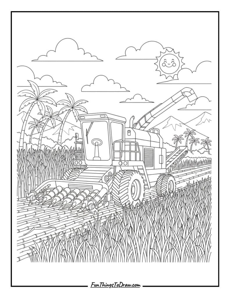 Sugar cane harvester in tropical field