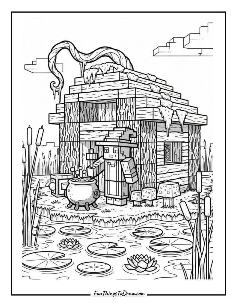 Witch brewing potions in a swamp hut
