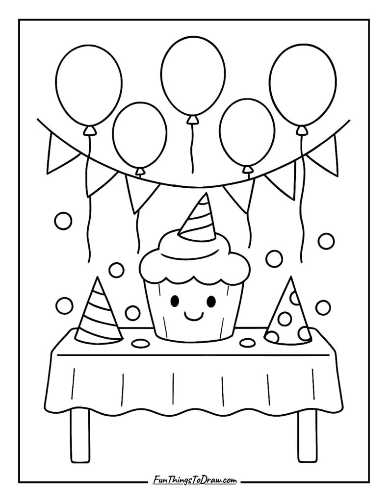 A party table filled with balloons and a smiling cupcake in the middle