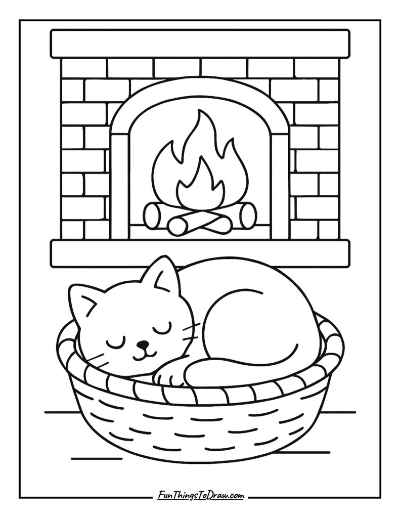 A sleepy cat curled up in a basket beside the fireplace