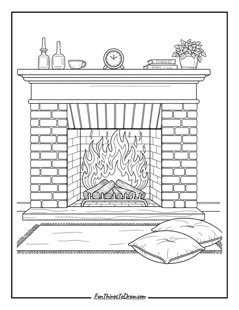 Fireplace with crackling flames