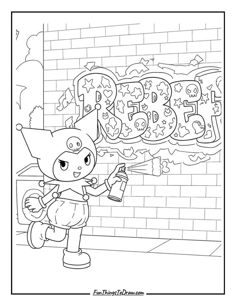 Kuromi designing graffiti art on a wall