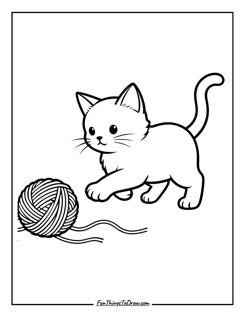Playful kitten chasing a ball of yarn