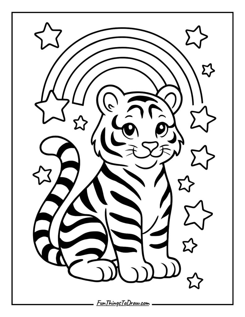 Rainbow tiger surrounded by floating stars