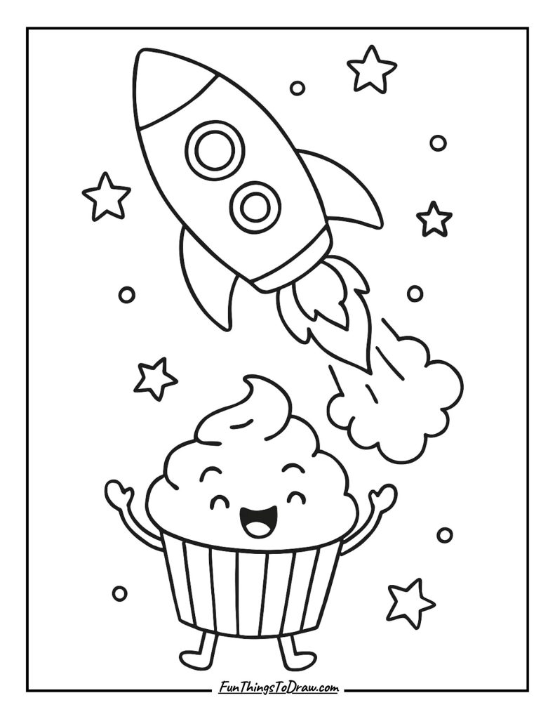 A rocket blasting off while the cupcake cheers below