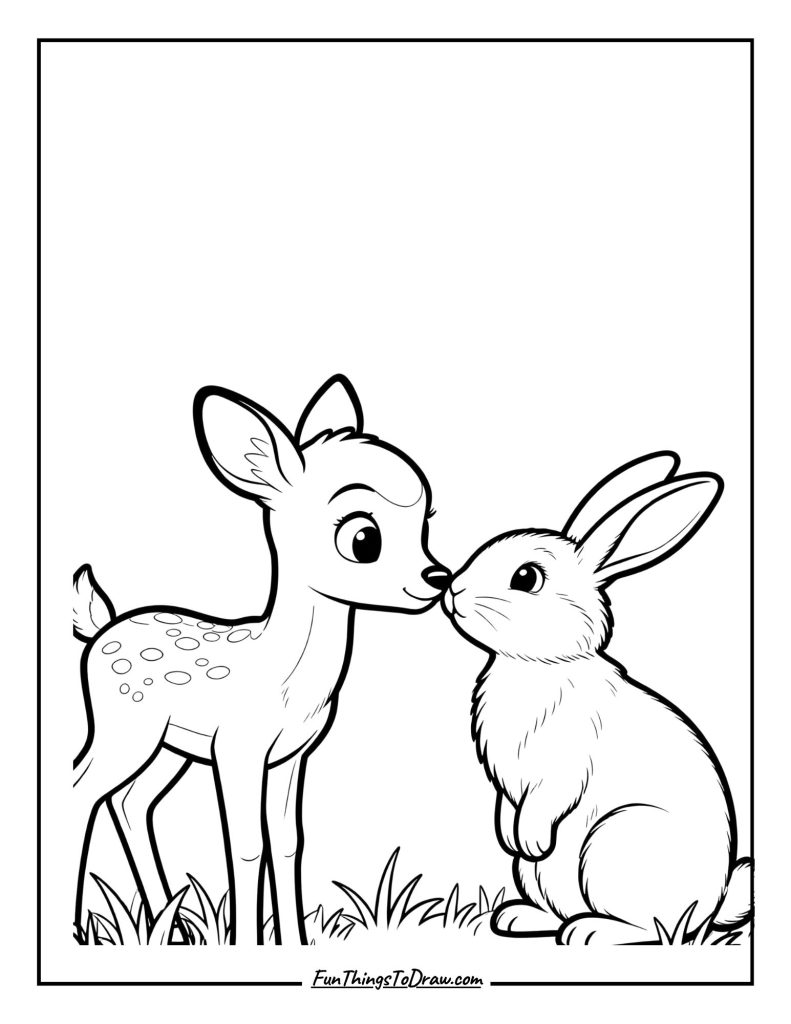 Curious fawn touches noses with a rabbit