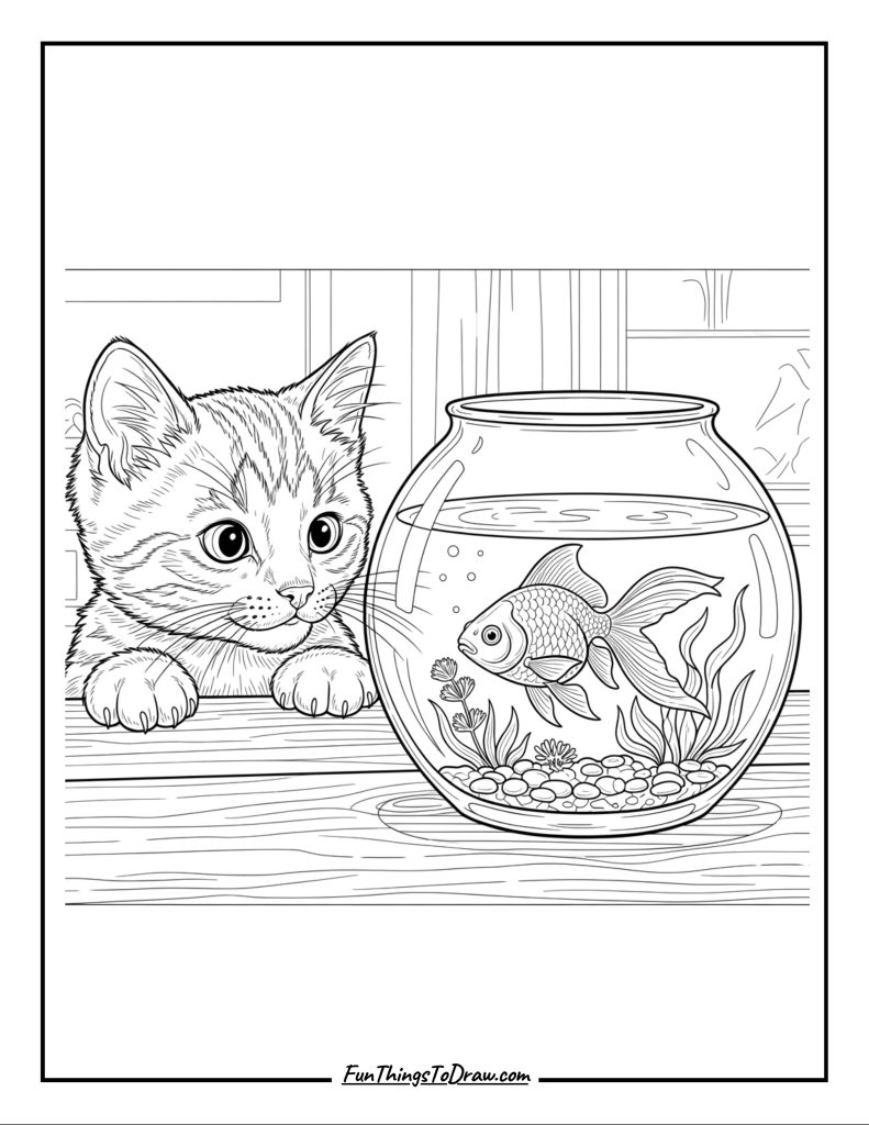 Kitten looking at fish in a fishbowl
