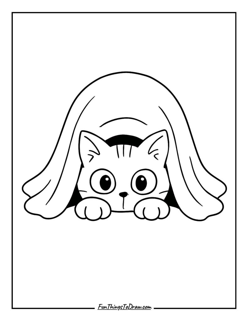 Mischievous cat hiding under the blanket with only eyes showing