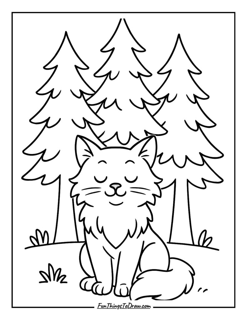 11. A forest cat sitting peacefully beneath tall pine trees.