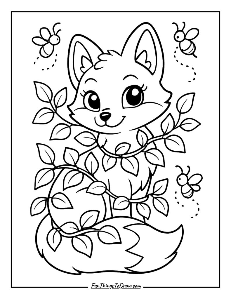 Fox wrapped in leafy vines and glowing fireflies