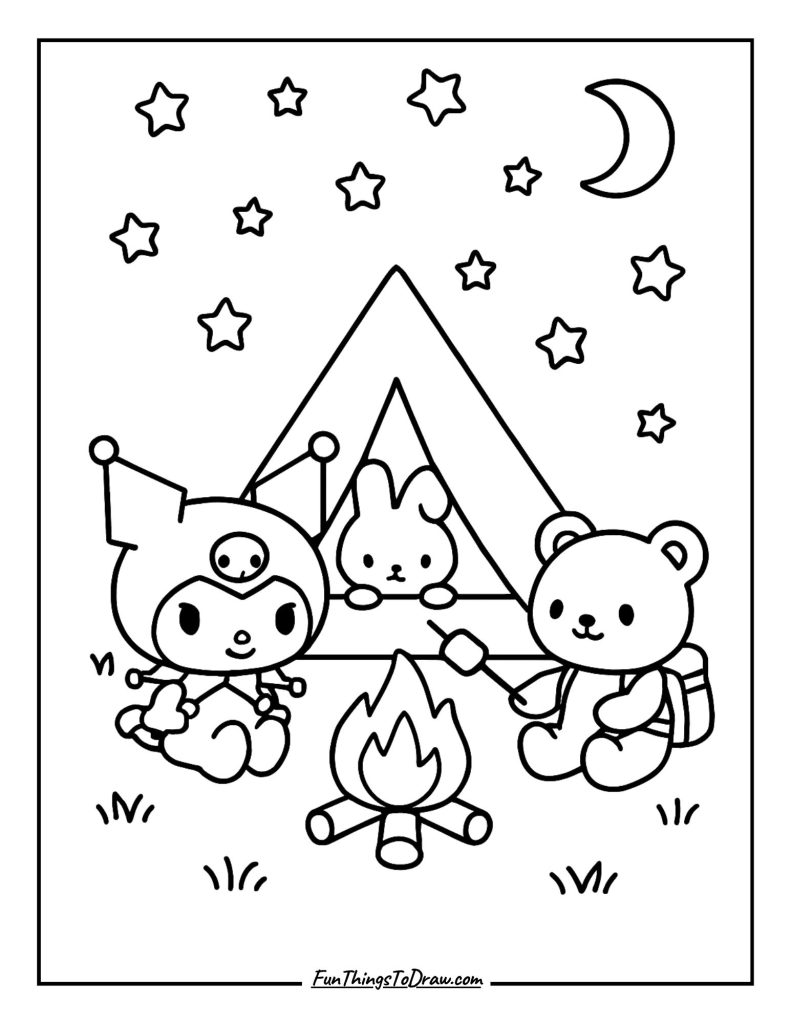Kuromi and friends camping under a starry sky