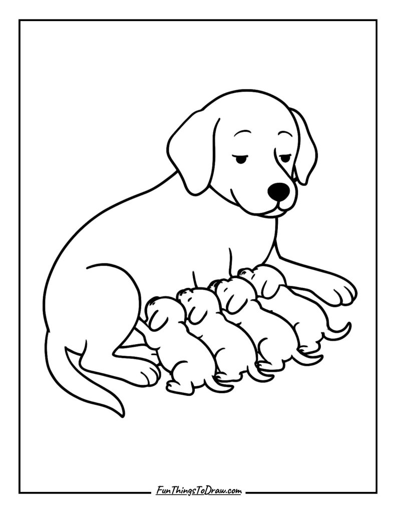 Mother dog nursing her newborn puppies