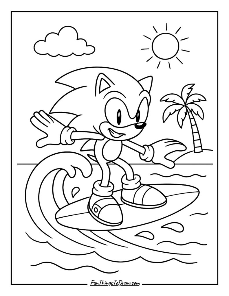 Sonic surfing on a wave at the beach
