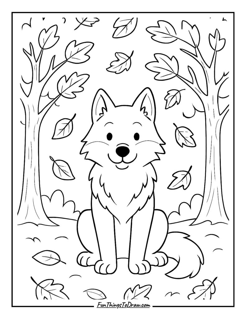 Wolf in autumn forest with falling leaves