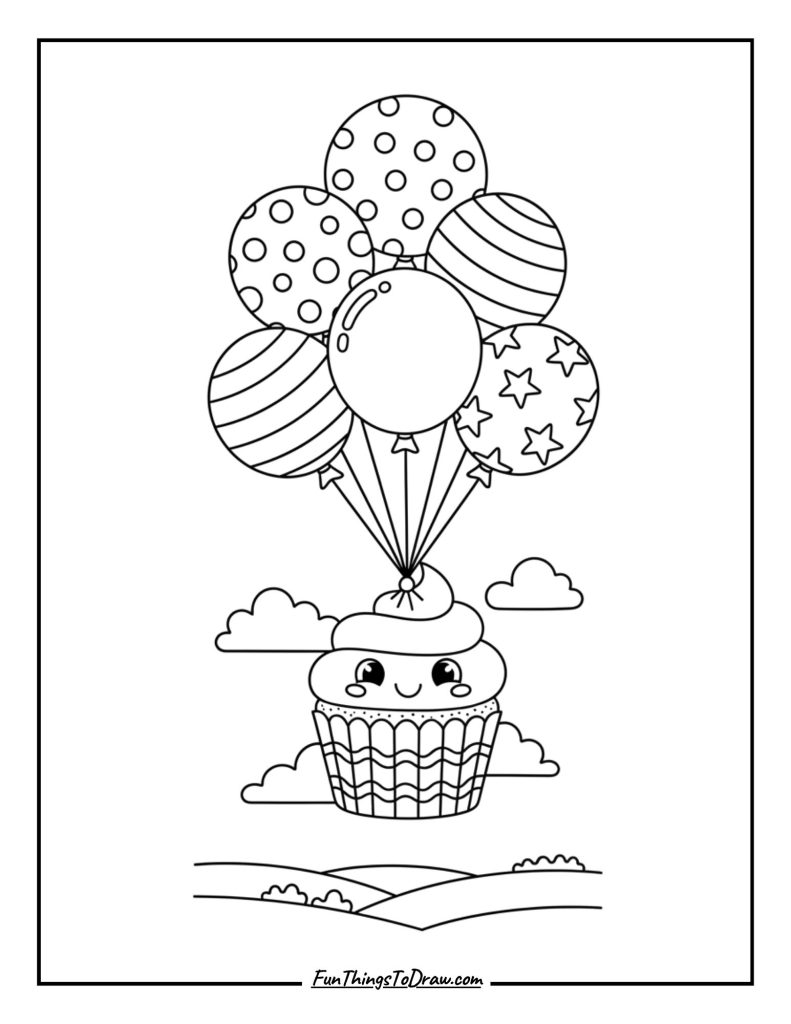 A cupcake carried away by colorful balloons floating in the air