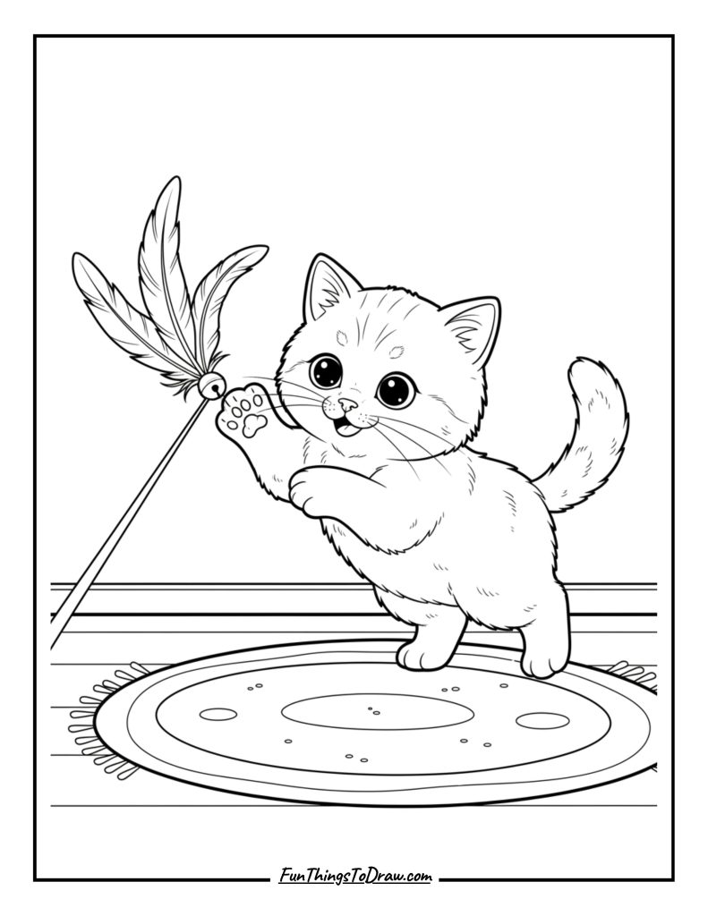Kitten playing with a feather toy