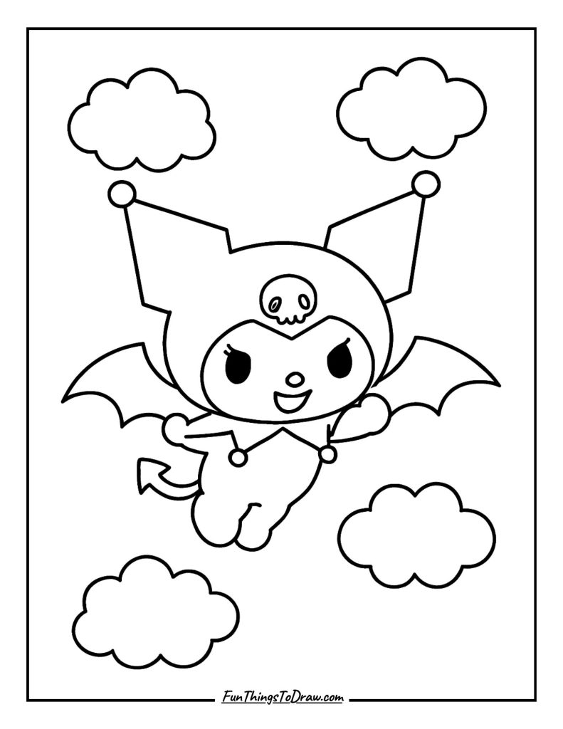 Kuromi flying with bat wings among clouds