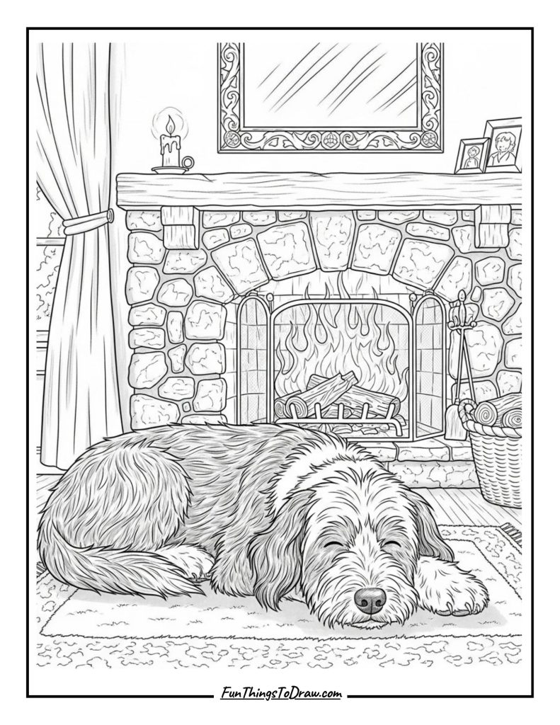 Sleeping dog by the fire