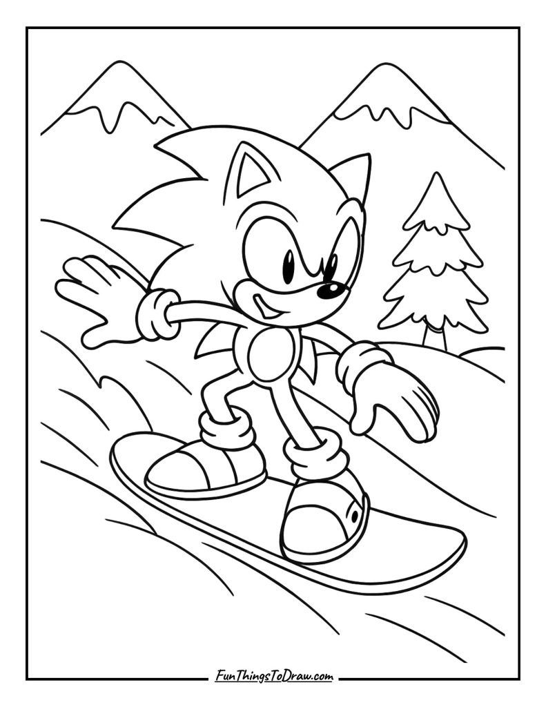 Sonic snowboarding down a snowy mountain