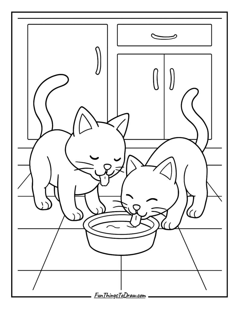 Two cats sharing a bowl of milk on the kitchen floor
