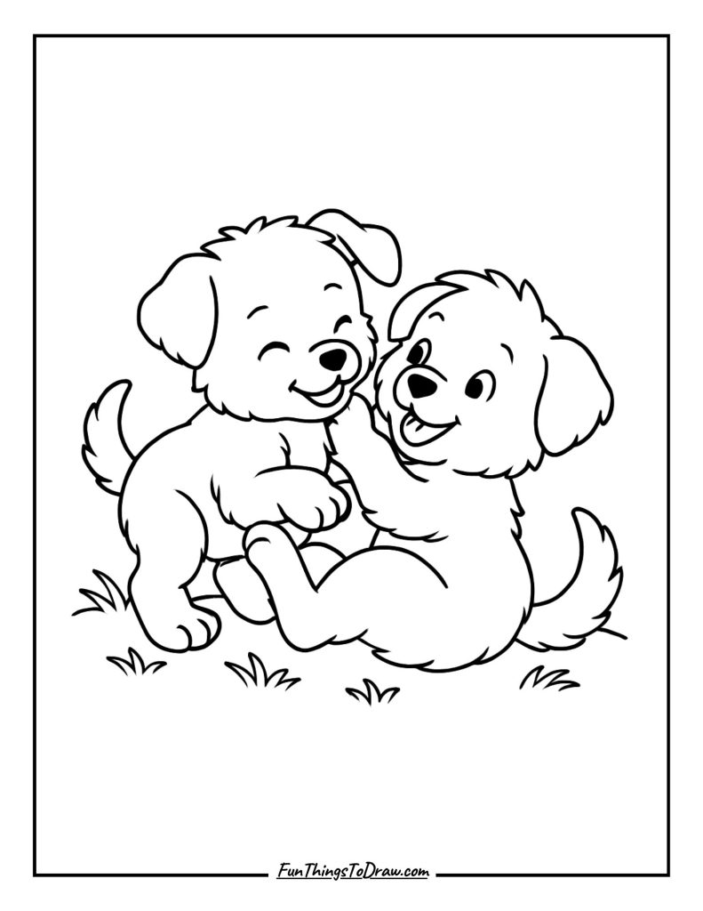 Two furry puppies wrestling on the grass