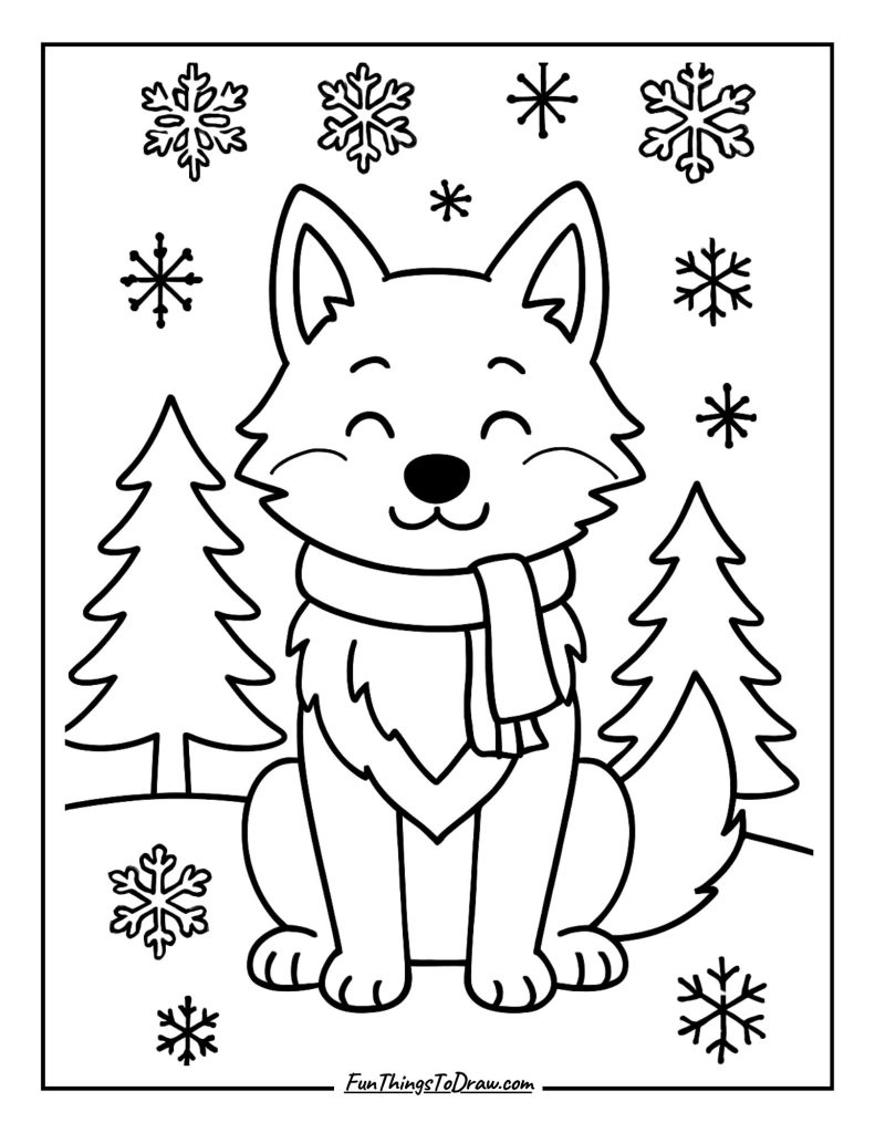 Winter wolf surrounded by snowflakes and pine trees