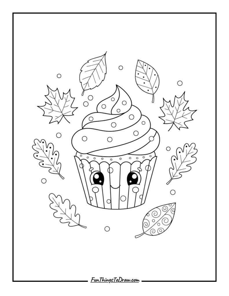 Autumn leaves falling gently around a frosted cupcake