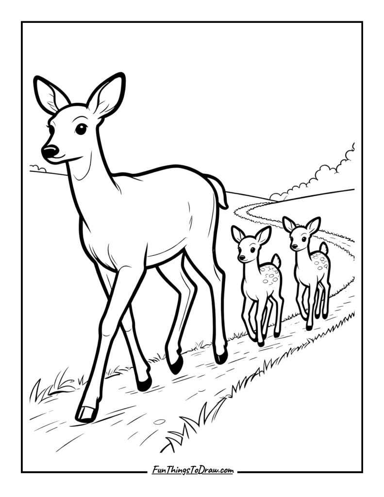 Mother doe leads twin fawns down a path
