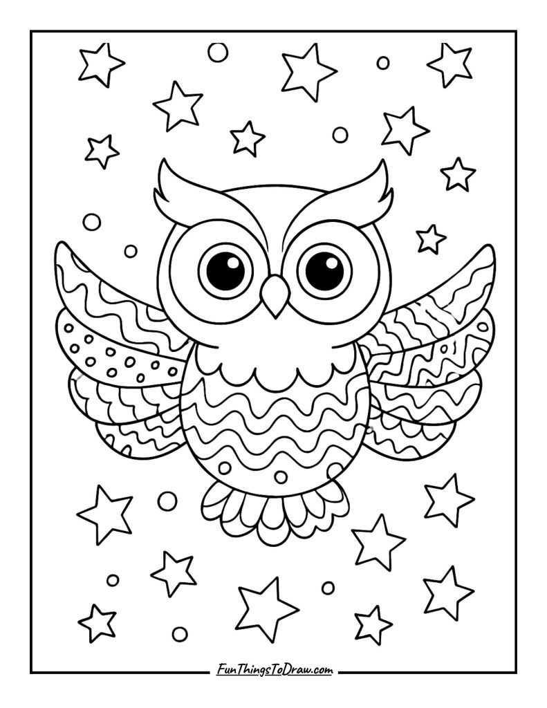 Owl with vividly patterned wings in a starry sky