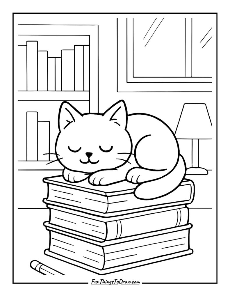 Sleepy cat lying on a stack of books in a study room