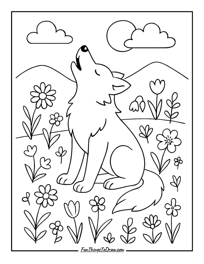 Wolf howling in a spring meadow with wildflowers