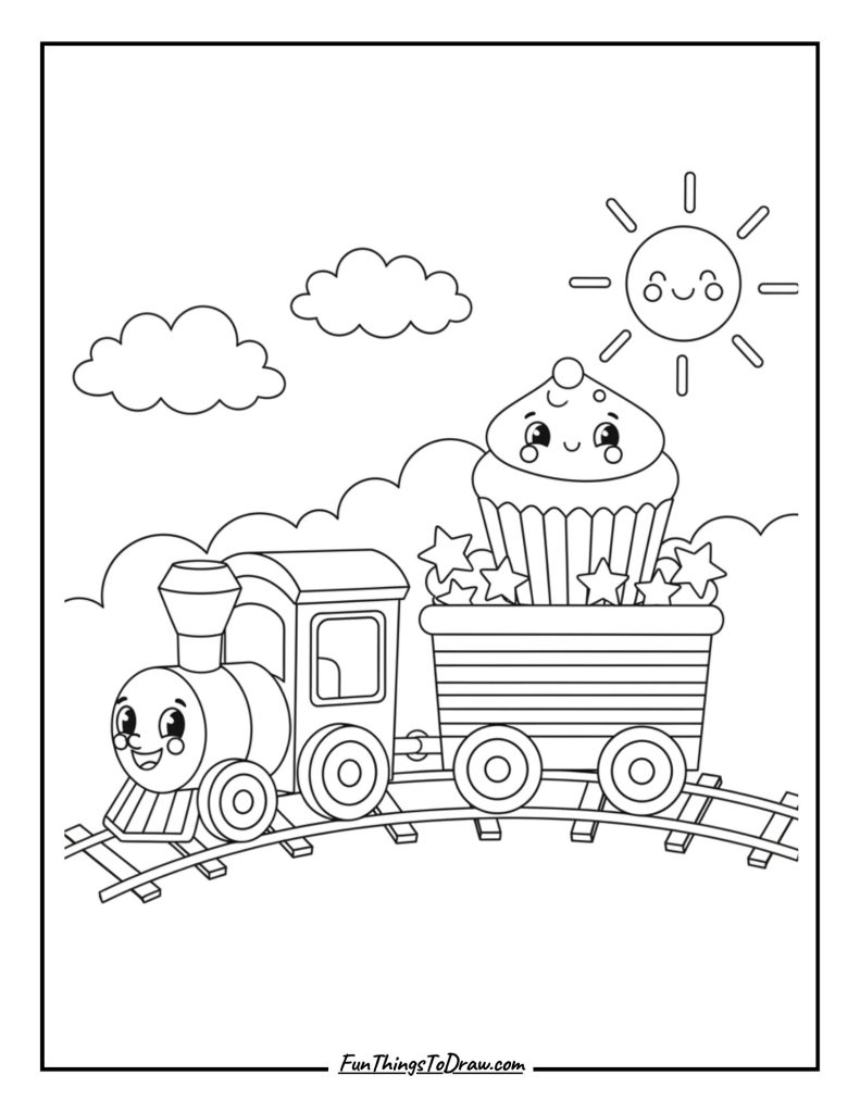 A toy train wagon carrying a single happy cupcake