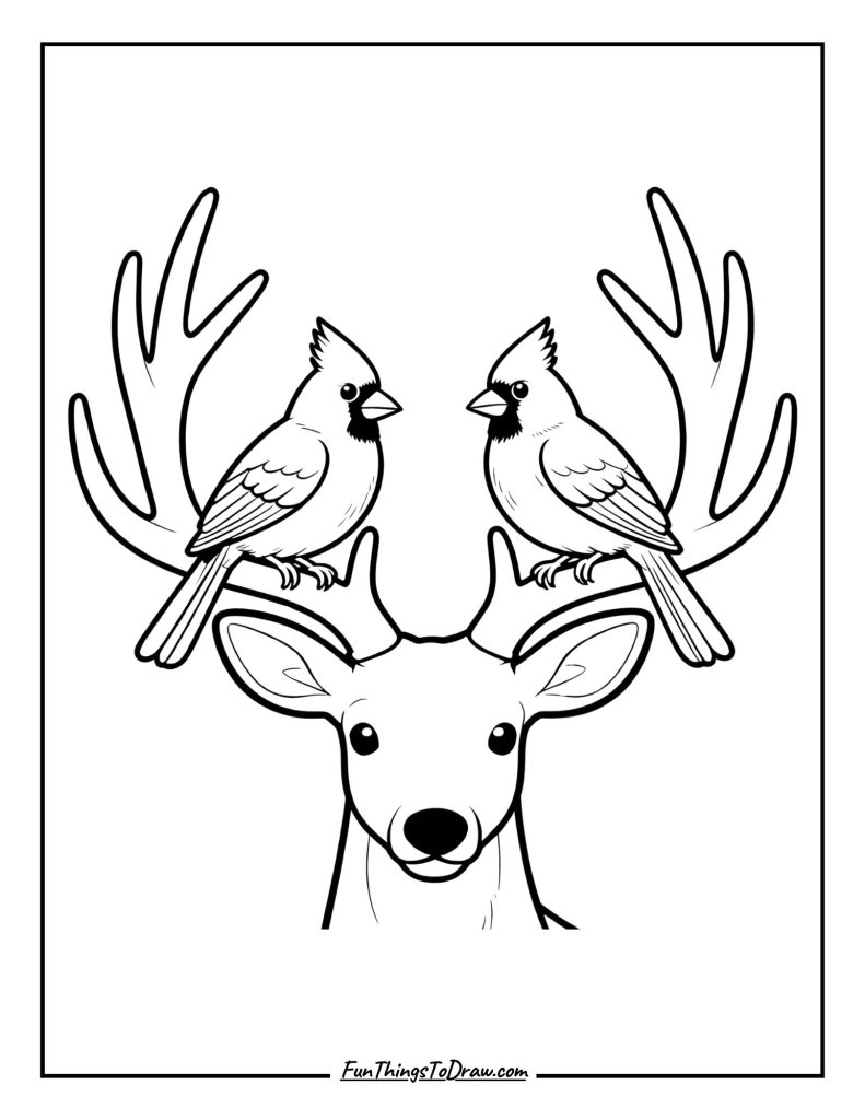 Cardinals perch on a deer's antlers