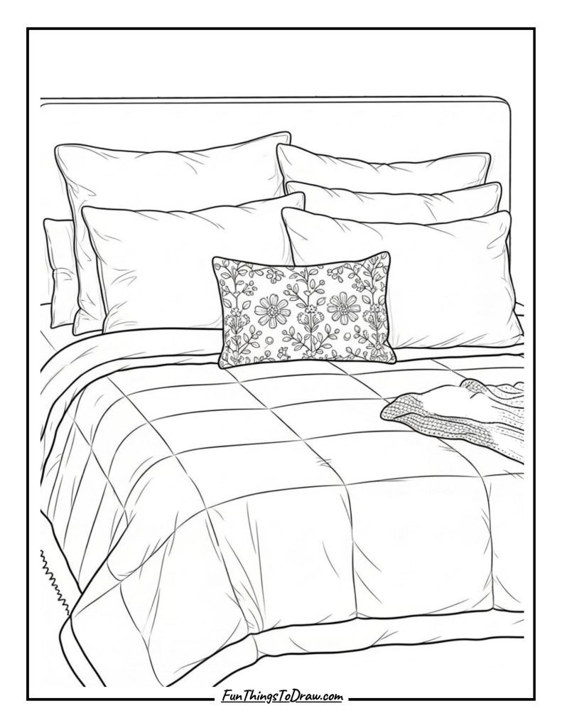 Cozy bed with fluffy pillows