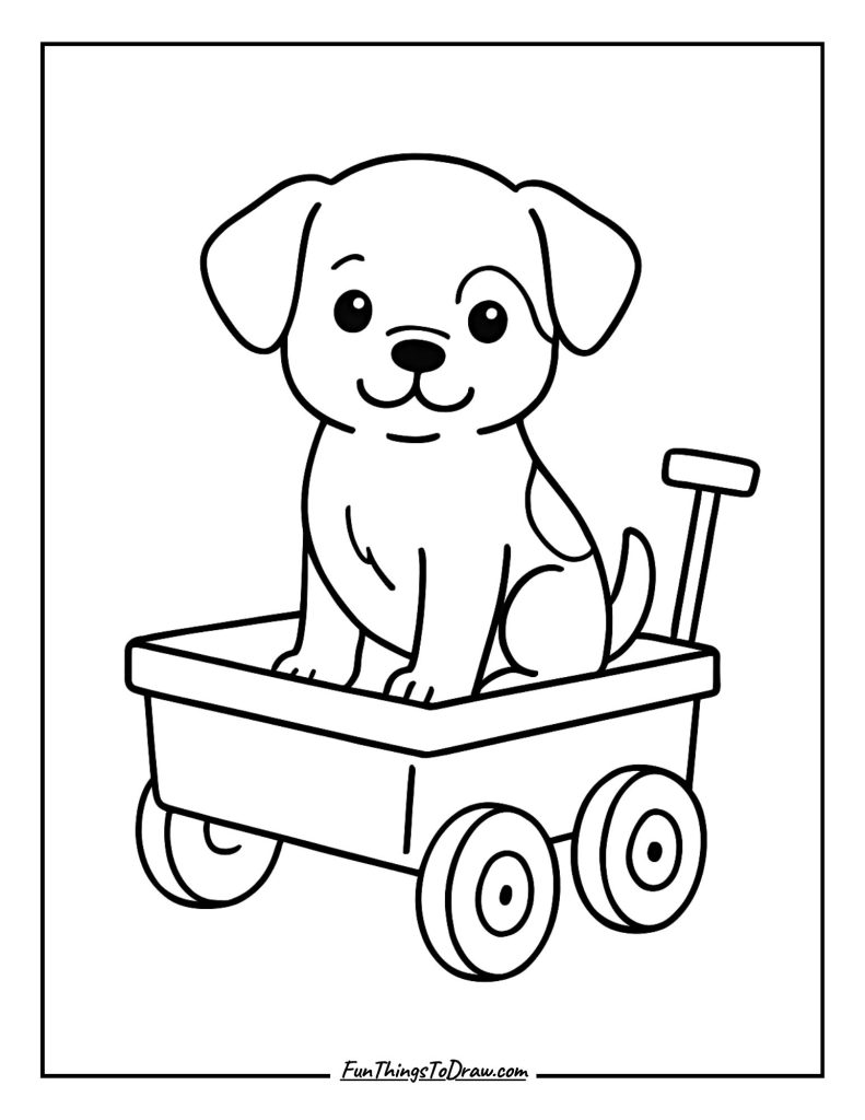 Little puppy sitting proudly inside a red wagon
