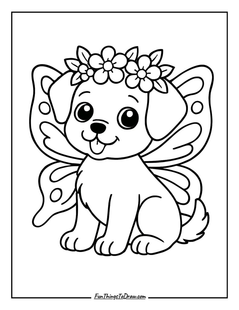 Puppy with butterfly wings and floral crown