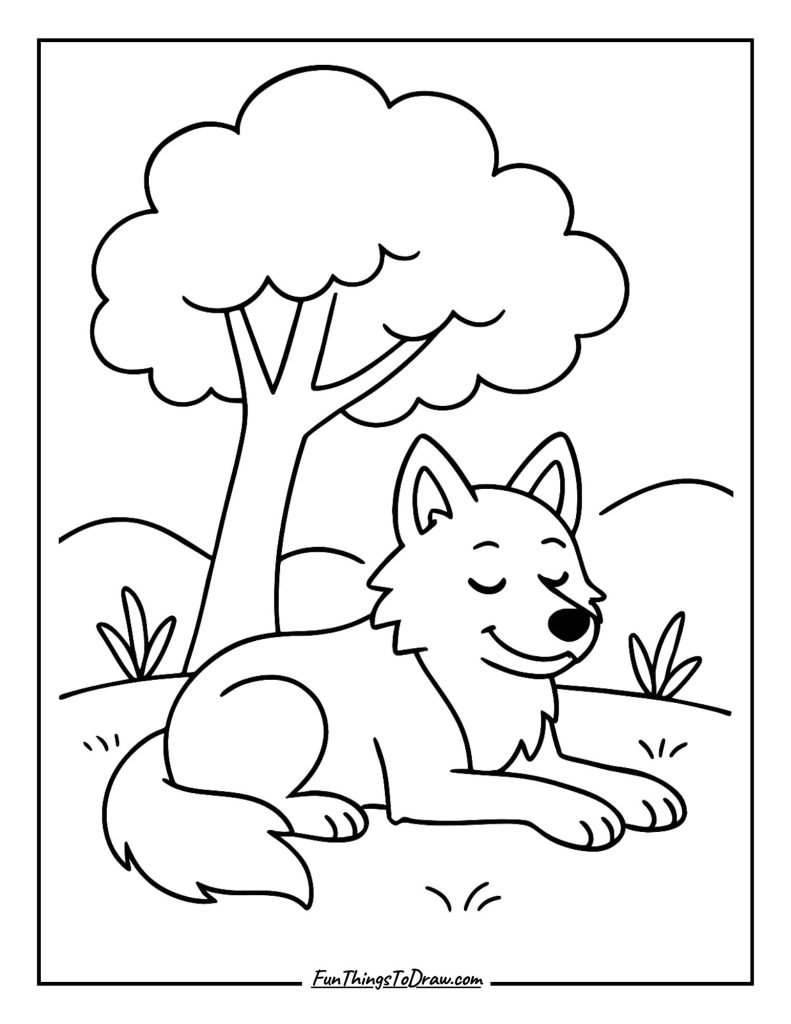 Summer wolf resting under a shaded tree