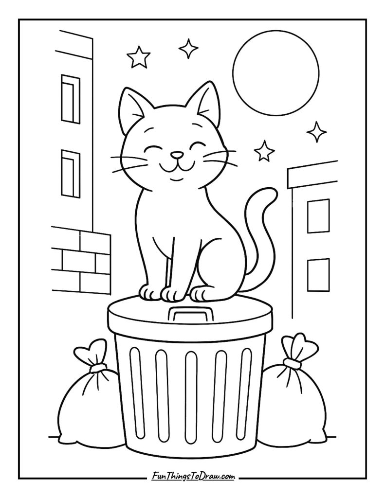 The alley cat sitting proudly on a trash can under the moon