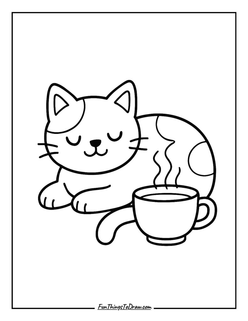  A relaxed cat resting beside a cup of steaming tea