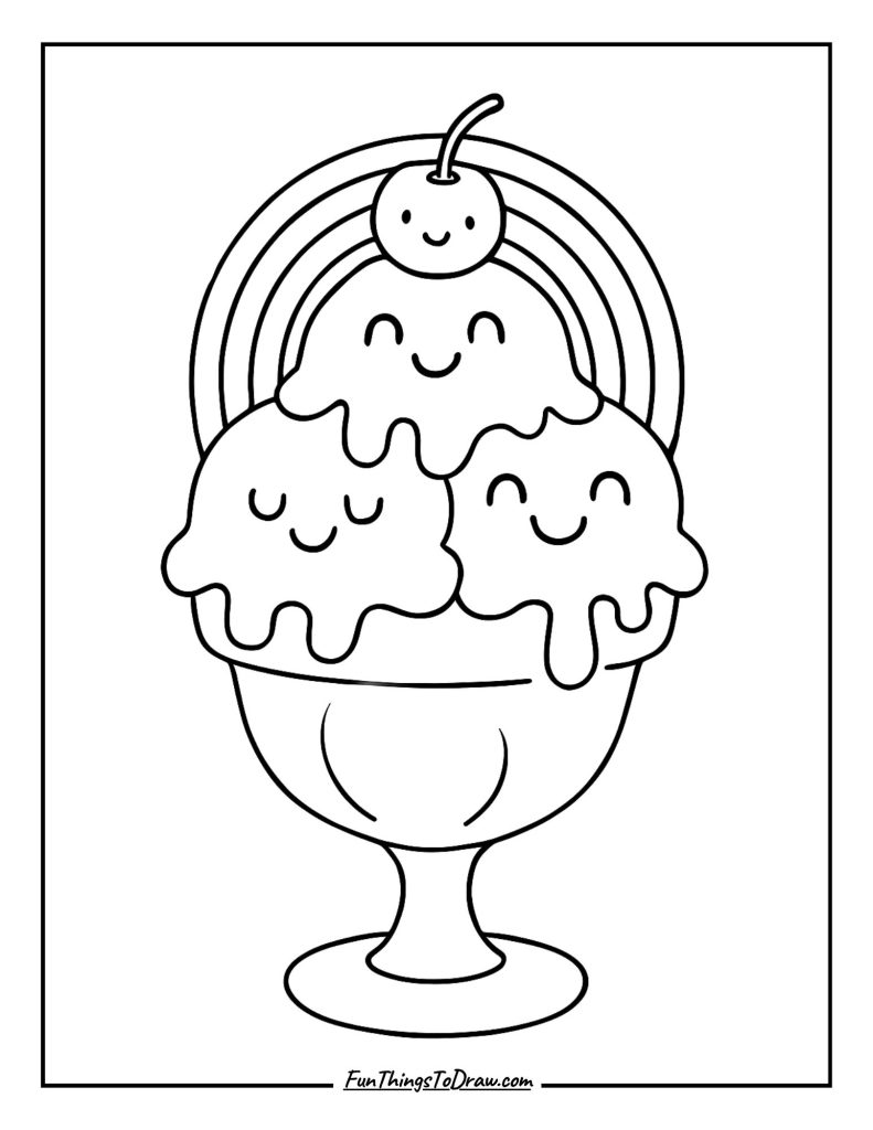 Rainbow ice cream sundae with smiling faces