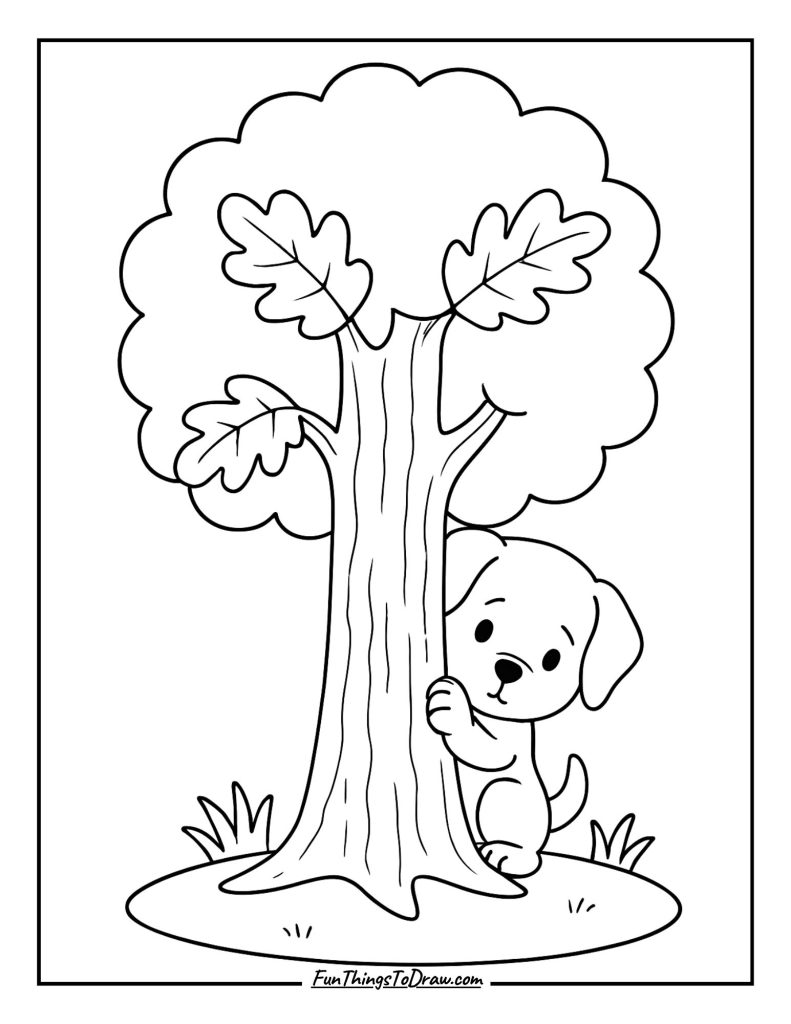 Shy pup peeking from behind a big oak tree